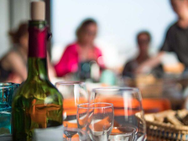 A glass of wine for dinner at A-Fame Surfcamp in El Palmar